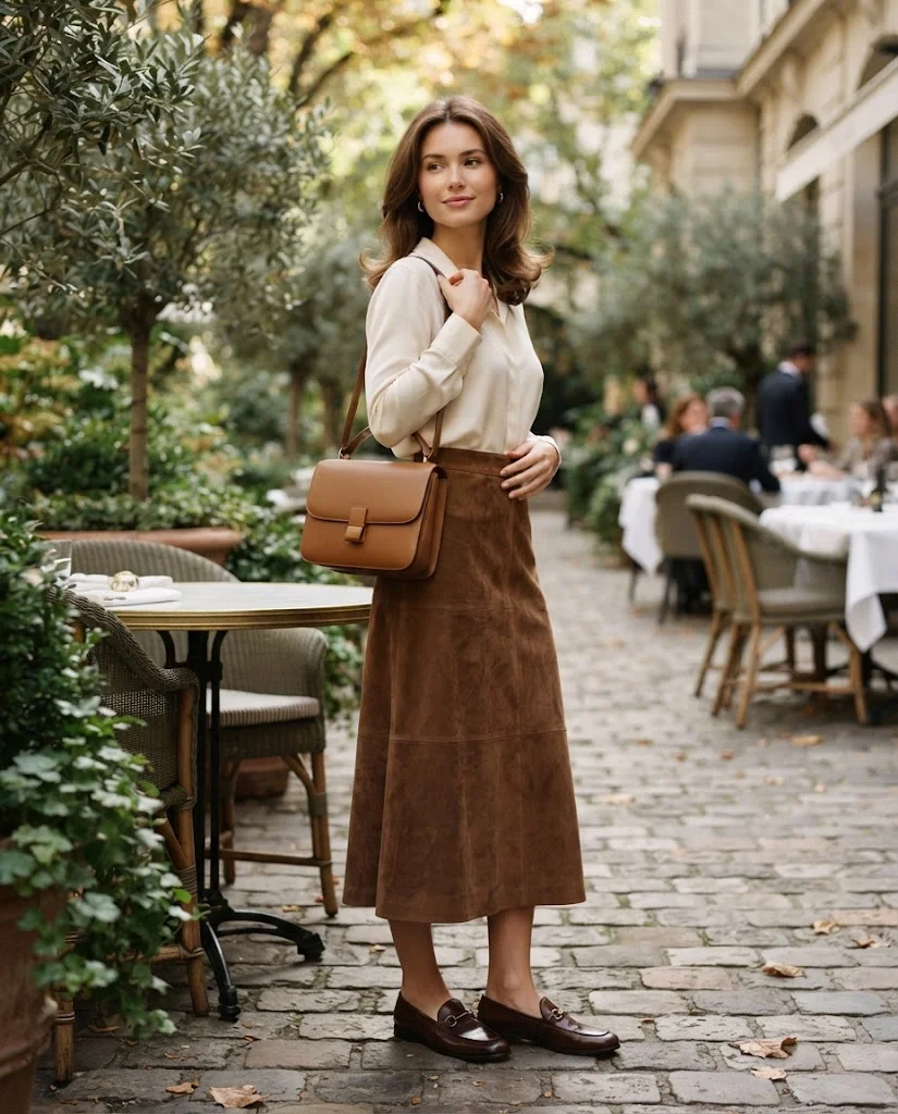 Cream Blouse with a Brown Suede Skirt, an elegant old money fall brunch outfit for women