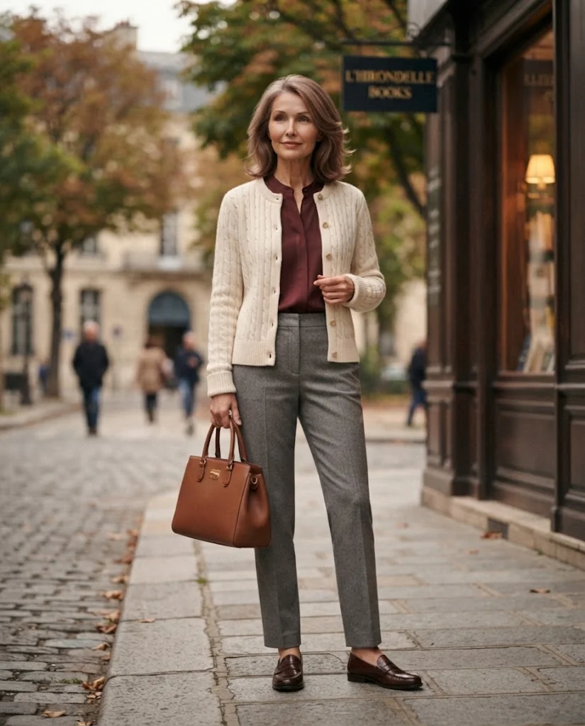  women wearing  Cream Cable-Knit Cardigan With a Burgundy Blouse