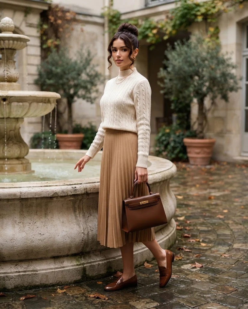 Cream Cable Knit Sweater with Camel Midi Skirt, an elegant old money warm-weather fall outfit for women