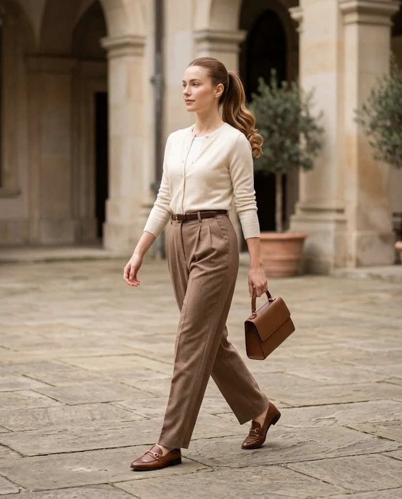 women wearing  Cream Cardigan With Pleated Trousers