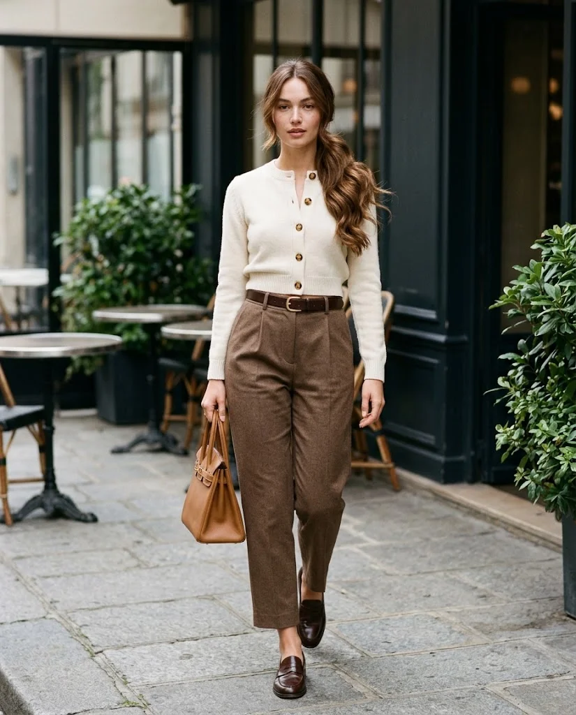women wearing Cream Cardigan With Tailored Brown Trousers