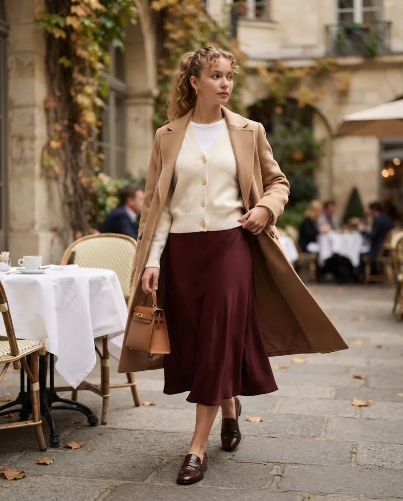 Cream Cardigan with a Burgundy Midi Skirt, an elegant old money fall brunch outfit for women