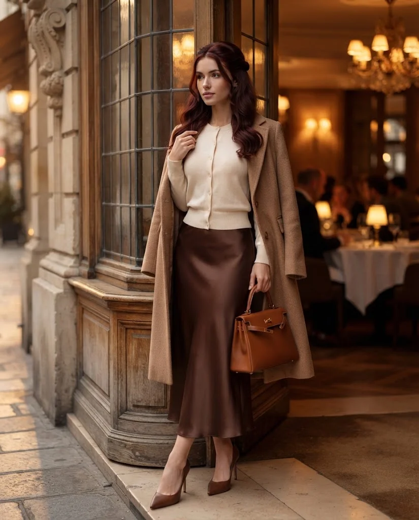Cream Cardigan with a Chocolate Satin Skirt, an elegant old money fall date night outfit for women