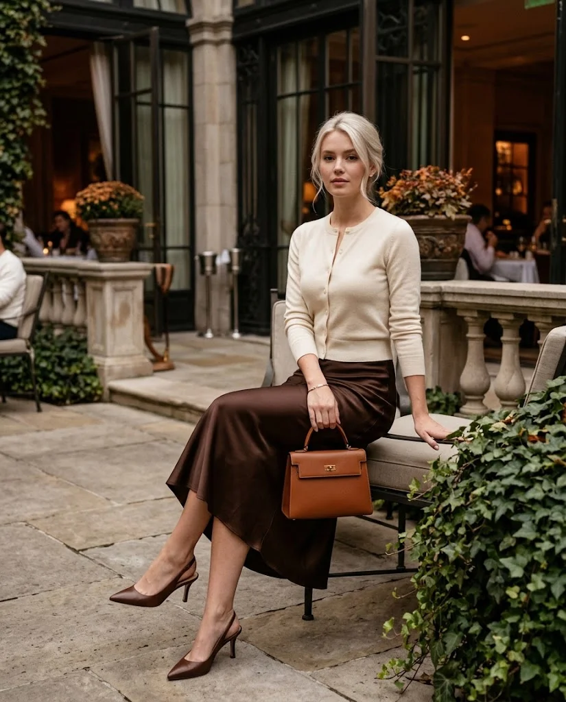 Cream Cardigan with a Chocolate Satin Slip Skirt, an elegant old money fall dinner outfit for women