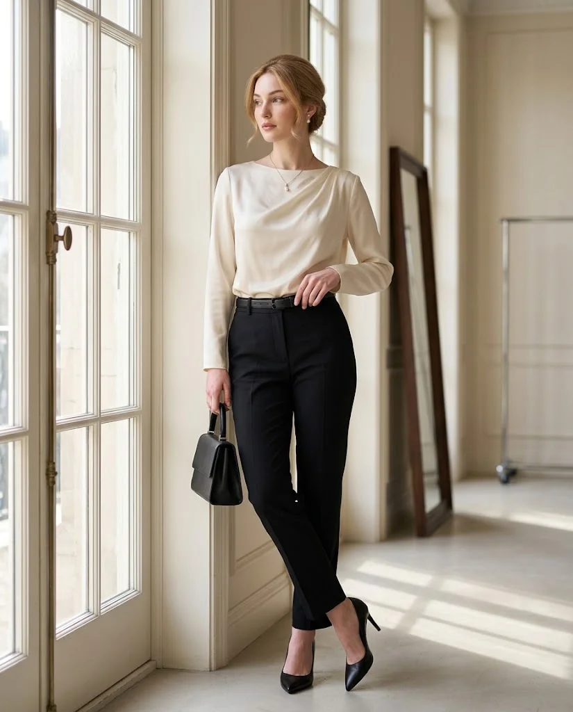 women wearing Cream Evening Blouse With Black Cigarette Pants
