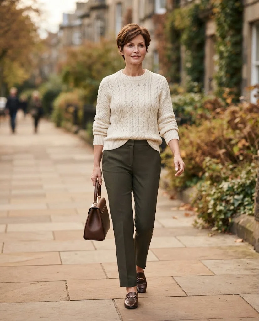 women wearing  Cream Fisherman Knit With Dark Olive Pants