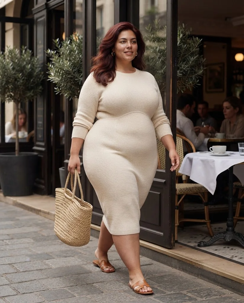 Plus Size Brunch Outfits for Women: 15 Stylish Ideas 10 Cream Knit Midi Dress With Tan Sandals Plus Size Brunch Outfit