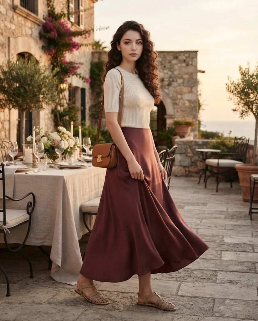 women wearing Cream Knit Top With Long Skirt