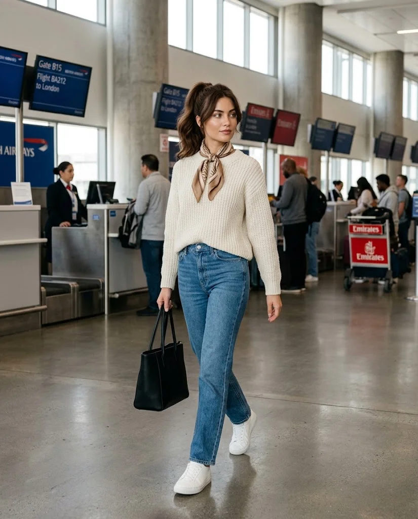 Old Money Airport Outfits: 20+ Chic Travel Looks for Women 7 women wearing Cream Knit With Straight-Leg Denim