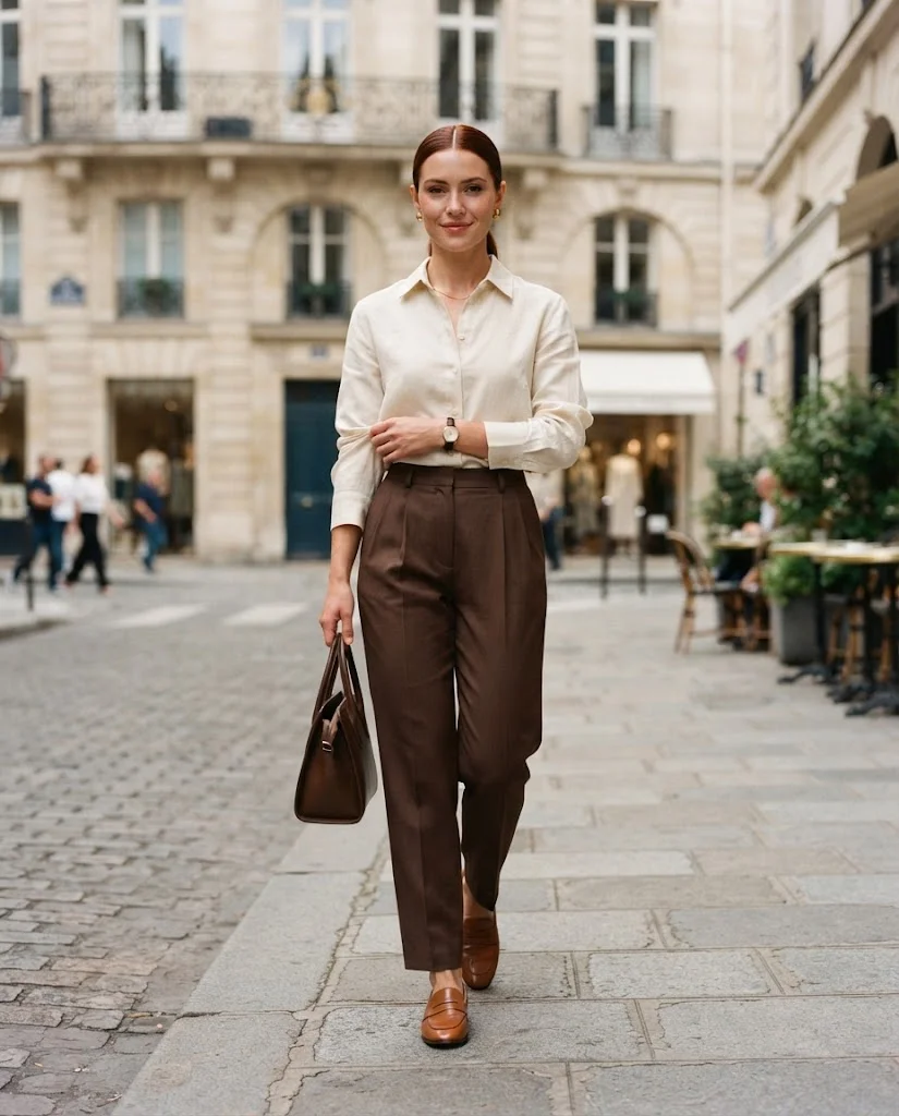 Old Money September Outfit Ideas for Women: 20+ Elegant Looks 2 Cream Linen-Blend Shirt with Chocolate Pleated Trousers, an elegant old money September outfit for women