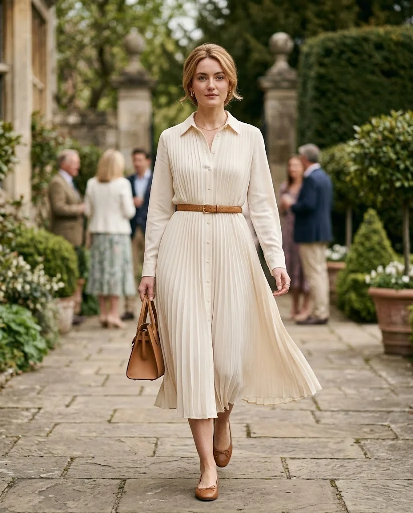 women wearing Cream Pleated Shirt Dress With Ballet Flats