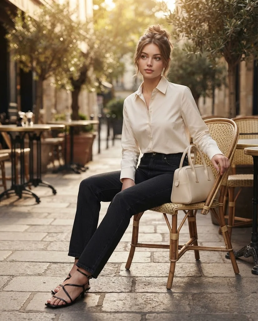 women wearing Cream Shirt With Dark-Wash Jeans