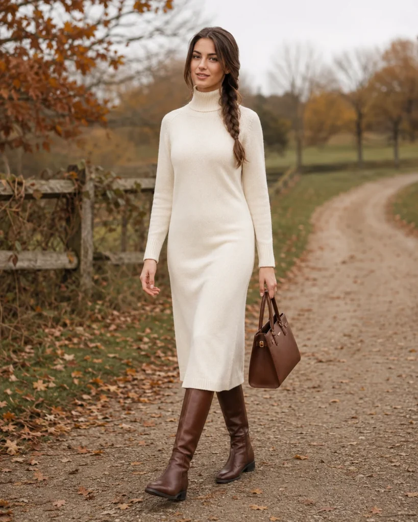 women wearing Cream Sweater Dress With Riding Boots