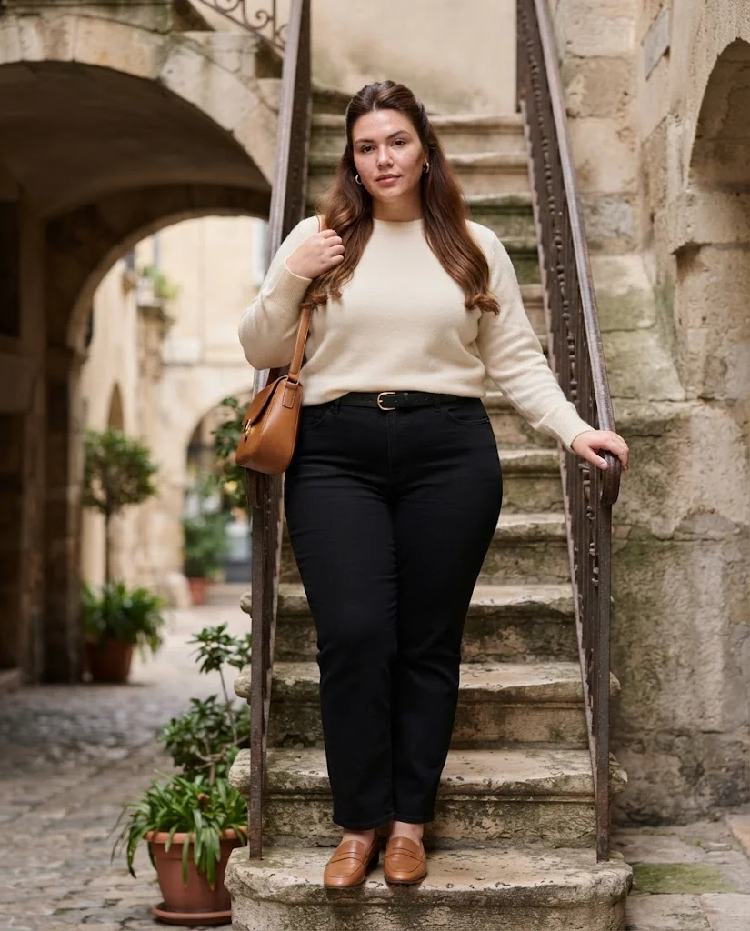 Cream Sweater With Black Straight-Leg Jeans Plus Size Casual Outfit