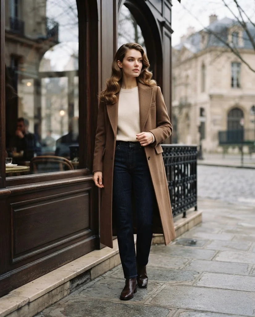 women wearing Cream Sweater With Dark-Wash Straight Jeans