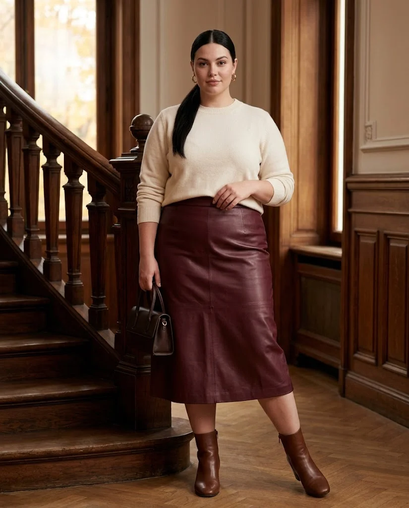 Cream Sweater With a Burgundy Leather Midi Skirt Plus Size Thanksgiving Outfit