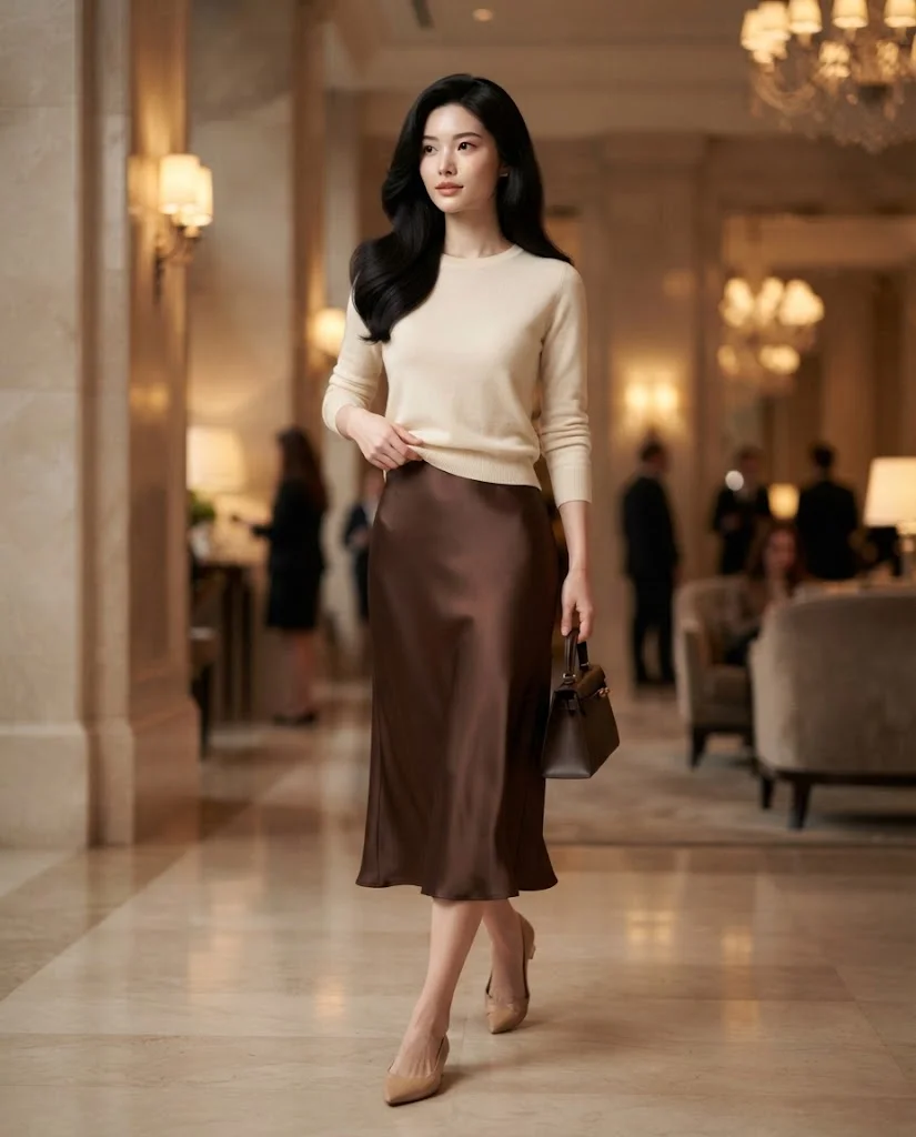women wearing  Cream Sweater With a Satin Midi Skirt