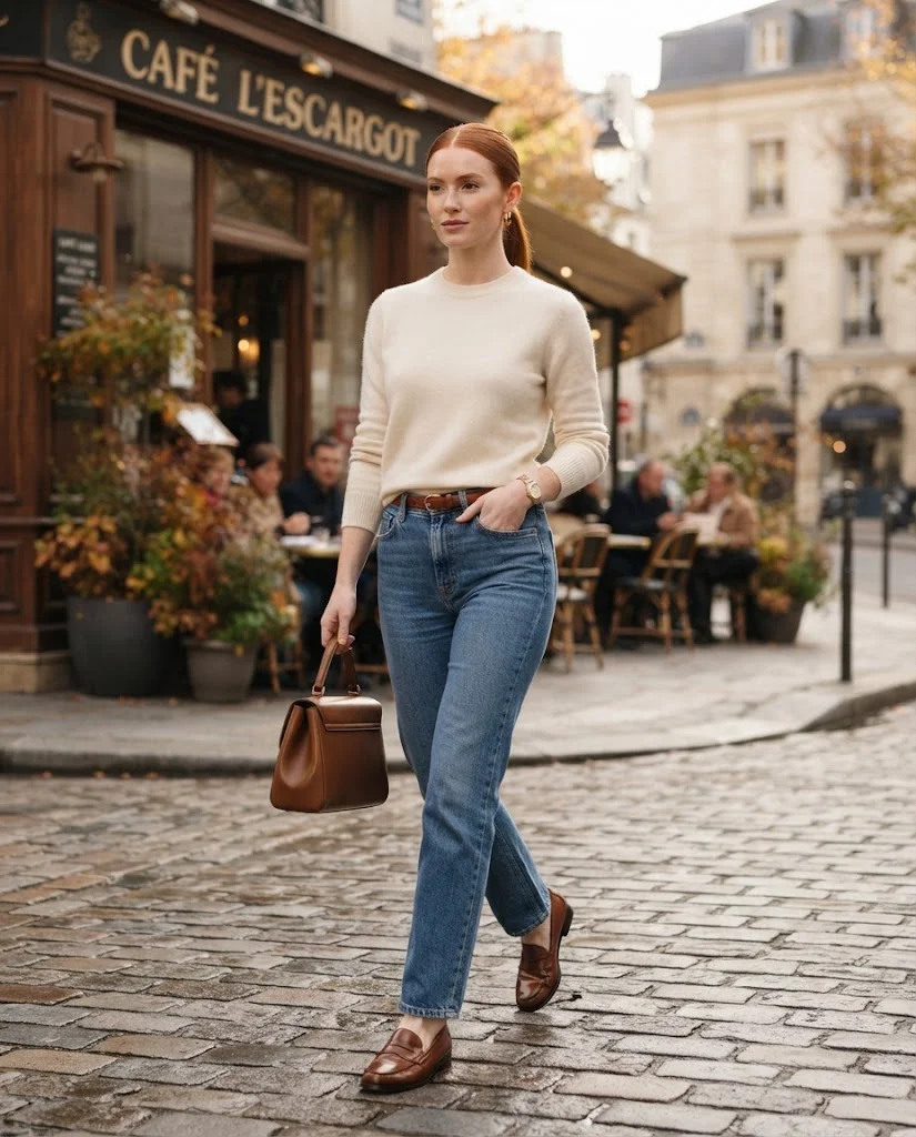 Cream Sweater with Straight-Leg Jeans, an elegant old money fall brunch outfit for women