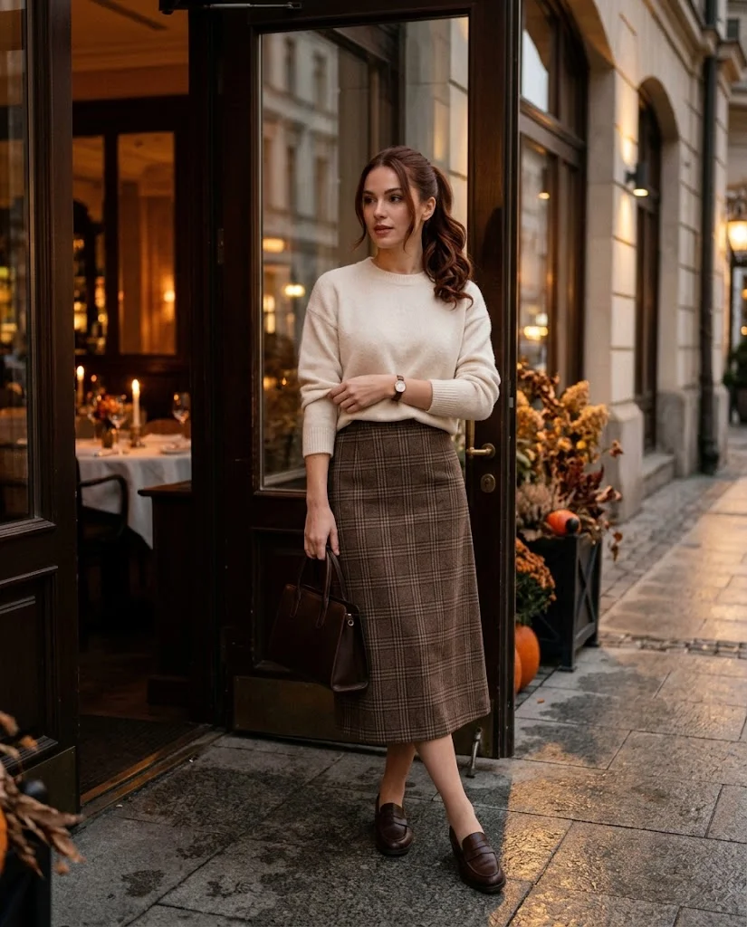 Cream Sweater with a Brown Plaid Midi Skirt, an elegant old money fall dinner outfit for women
