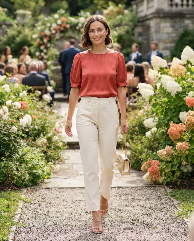  women wearing Cream Trousers With a Colorful Blouse