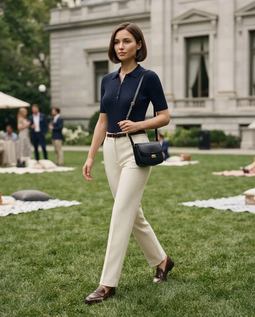 women wearing Cream Trousers With a Navy Polo