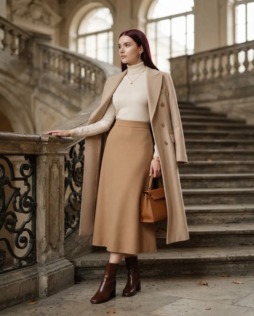 Cream Turtleneck with a Camel Midi Skirt, an elegant old money fall brunch outfit for women