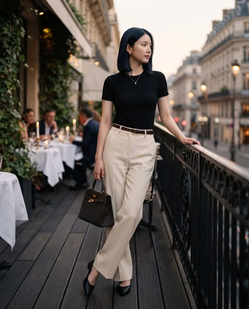 women wearing Cream Wide-Leg Pants With a Fitted Top