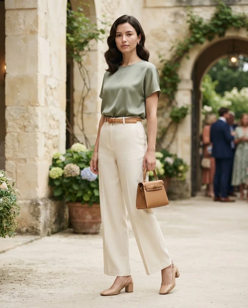 women wearing Cream Wide-Leg Trousers With a Sage Blouse