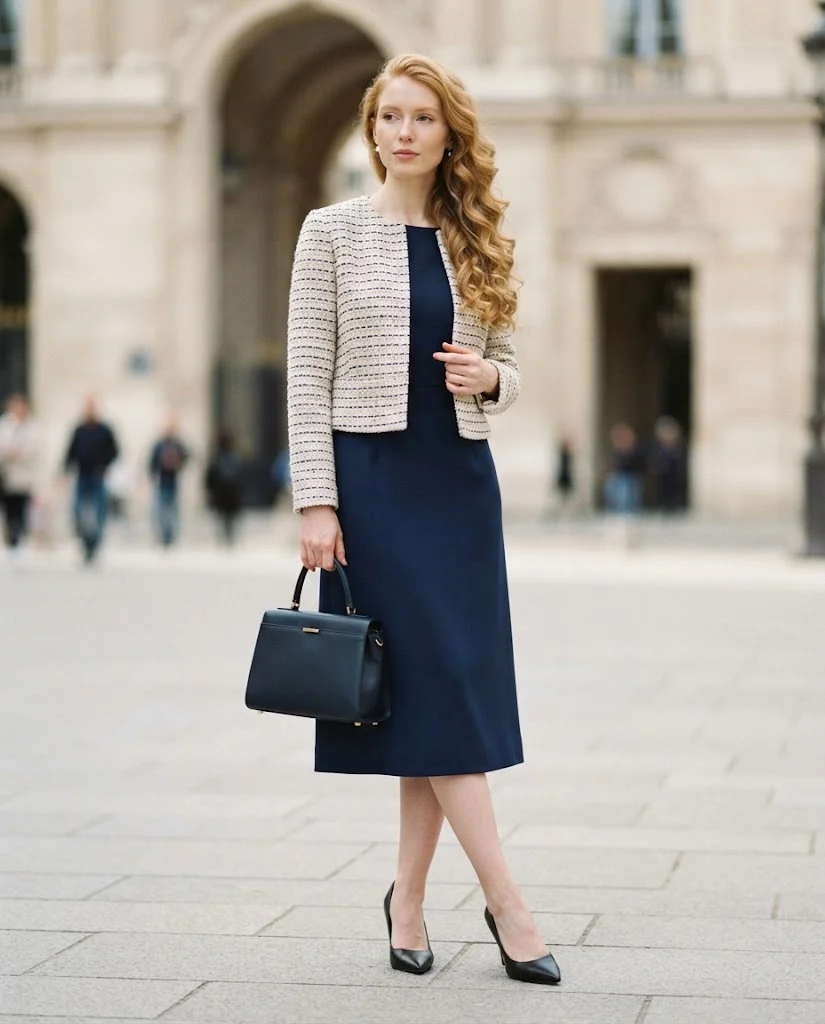 women wearing Cropped Bouclé Jacket With a Structured Midi Dress