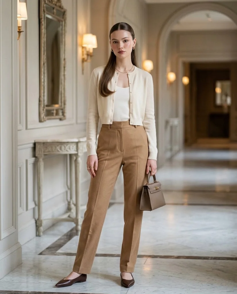 women wearing Cropped Cardigan With High-Waisted Pants