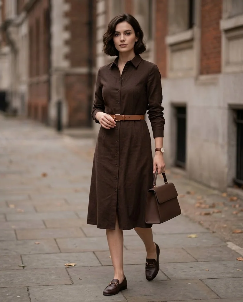 women wearing Dark Brown Shirt Dress With Loafers