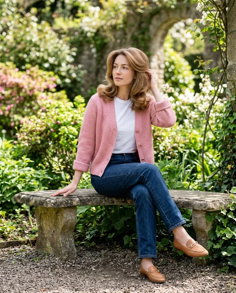 women wearing Dark Denim Made Softer With a Pink Cardigan
