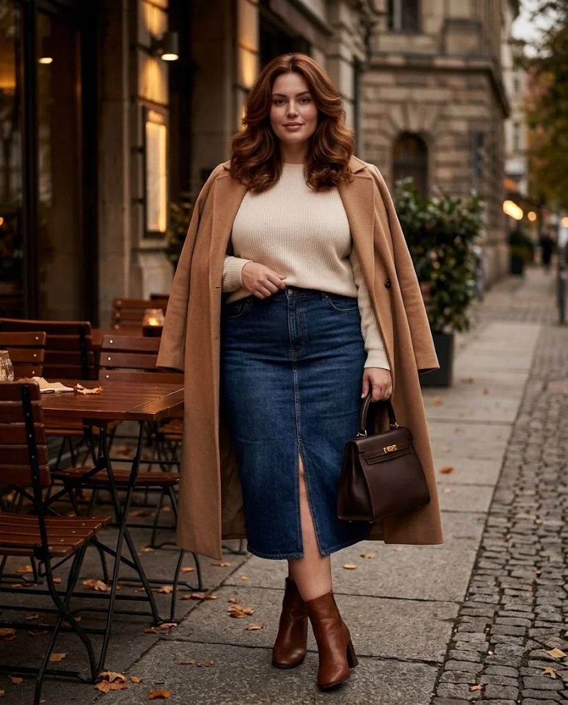 Dark Denim Midi Skirt With a Cream Sweater Plus Size Fall Date Night Outfit