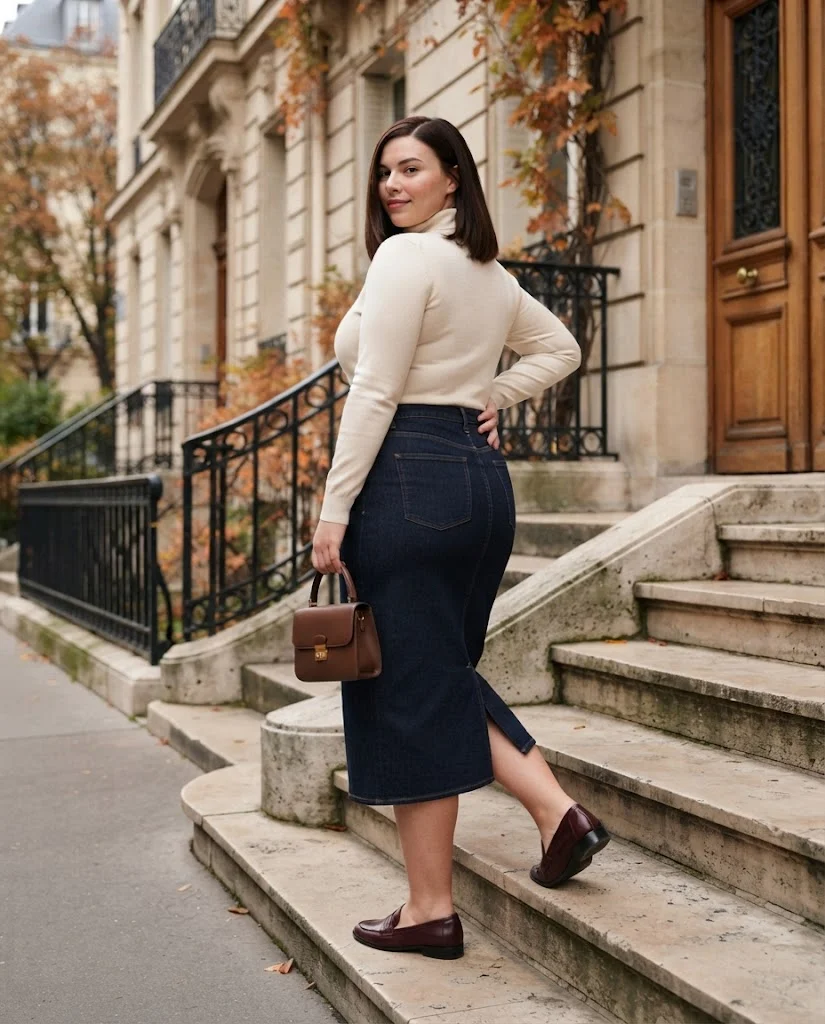 Plus Size Autumn Outfit Ideas for Women: 15 Chic Ideas 5 Dark Denim Midi Skirt With a Cream Turtleneck, a stylish plus size autumn outfit idea