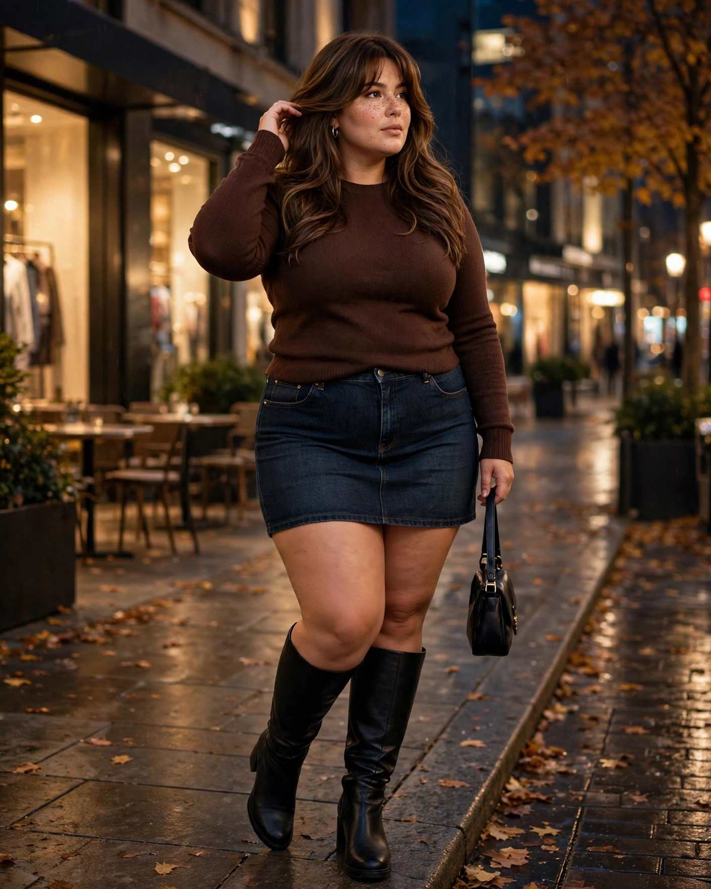 Dark Denim Mini Skirt With Tall Boots and a Knit Top Plus Size Fall Night Out Outfit