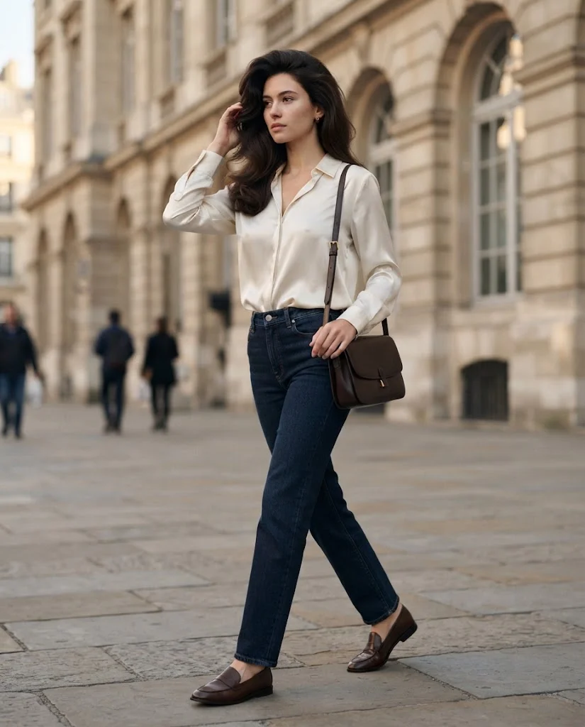 women wearing Dark Denim Paired With a Silk-Look Blouse