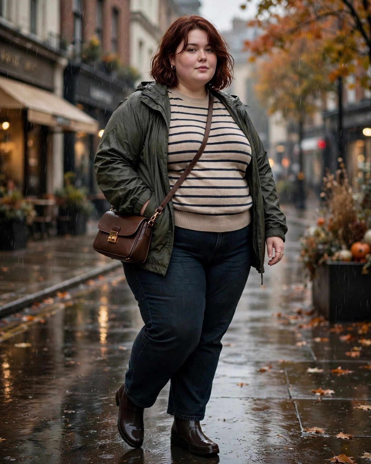 Dark Denim With a Striped Sweater and Rain Boots Plus Size Rainy Fall Outfit