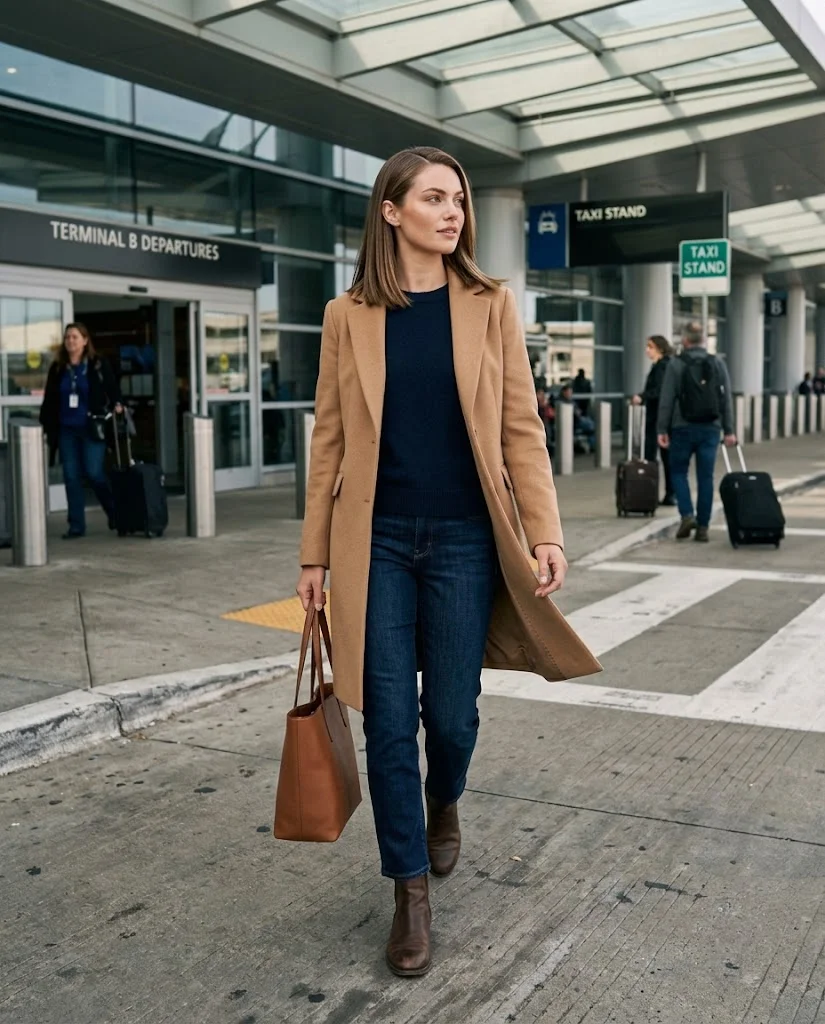 Old Money Airport Outfits: 20+ Chic Travel Looks for Women 14 women wearing Dark Denim With a Structured Coat