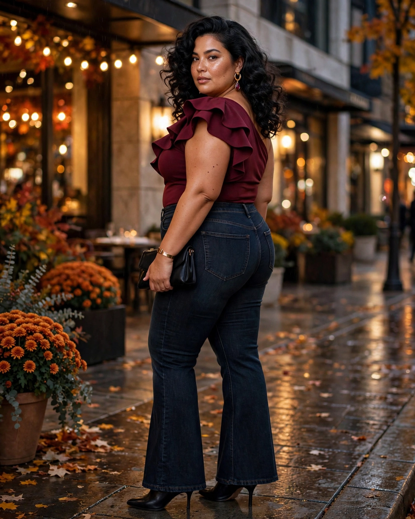 Dark Flare Jeans With a Statement One-Shoulder Top Plus Size Fall Night Out Outfit