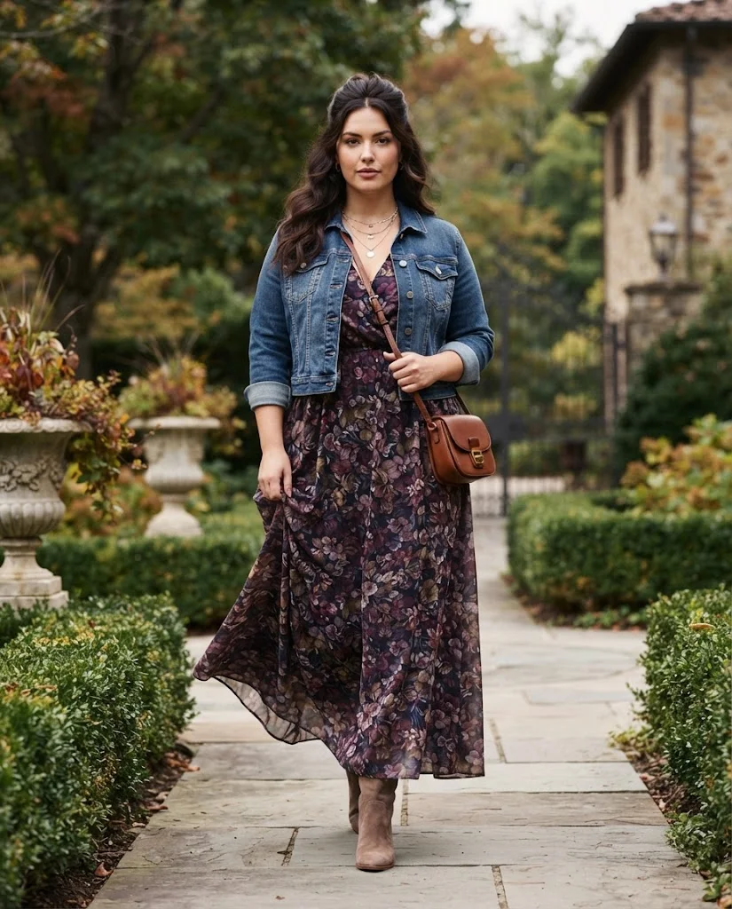 Plus Size Fall Outfits for Women: 15 Stylish Ideas 13 Dark Floral Maxi Dress With a Cropped Denim Jacket, a stylish plus size fall outfit