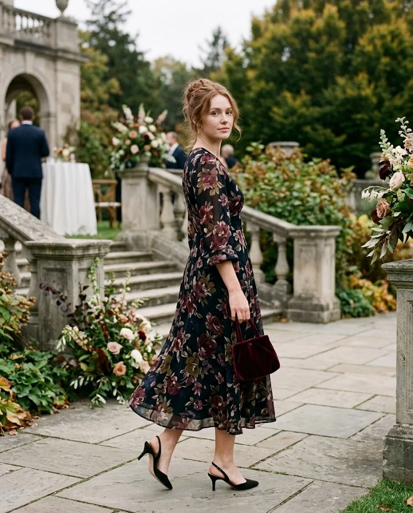 women wearing Dark Floral Midi Dress With a Velvet Bag
