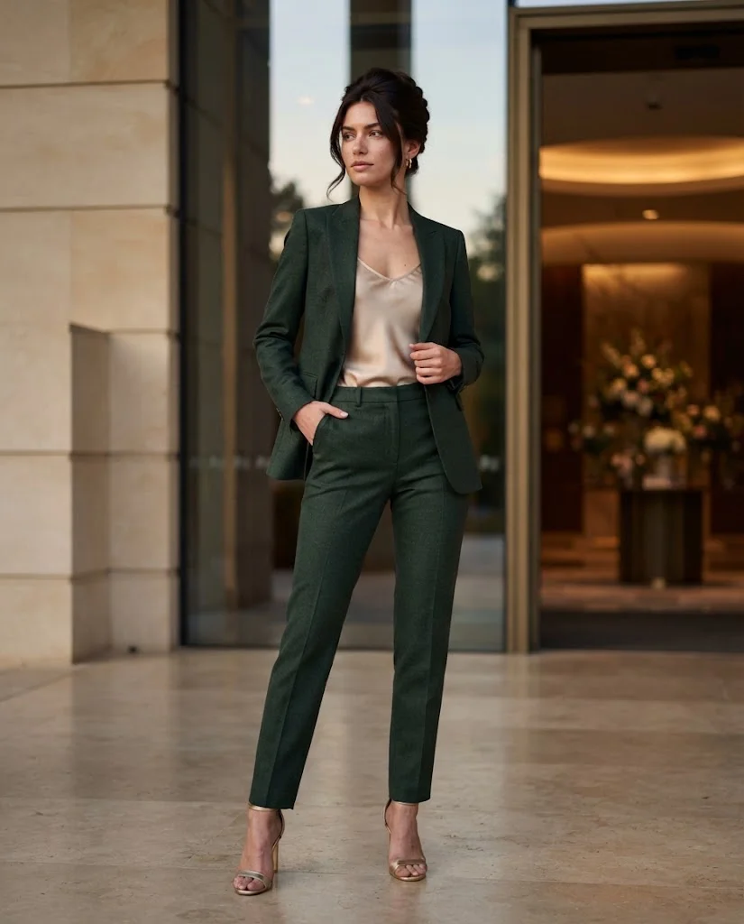 Dark Green Tailored Suit + Silk Camisole