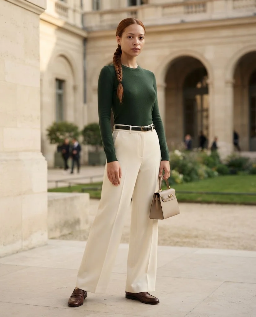 women wearing Dark Green Top With Cream Wide-Leg Trousers