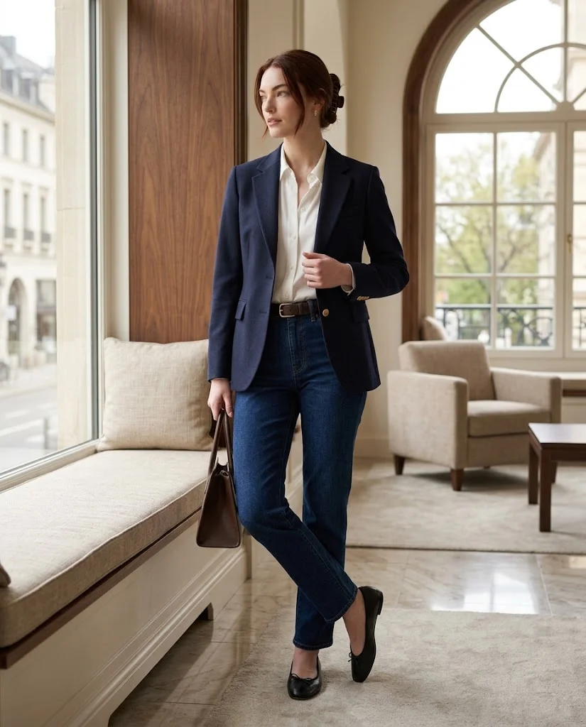 women wearing Dark Jeans With a Polished Blazer