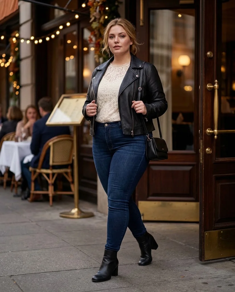 Plus Size Fall Dinner Outfits: 15 Chic Looks for Autumn Evenings 11 Dark Skinny Jeans With Cream Lace Top and Leather Jacket Plus Size Fall Dinner Outfit