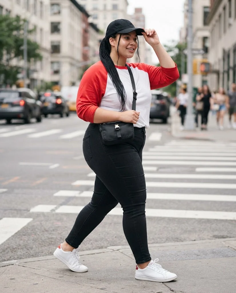 Dark Skinny Jeans With a Red-and-White Baseball Tee Plus Size Casual Outfit