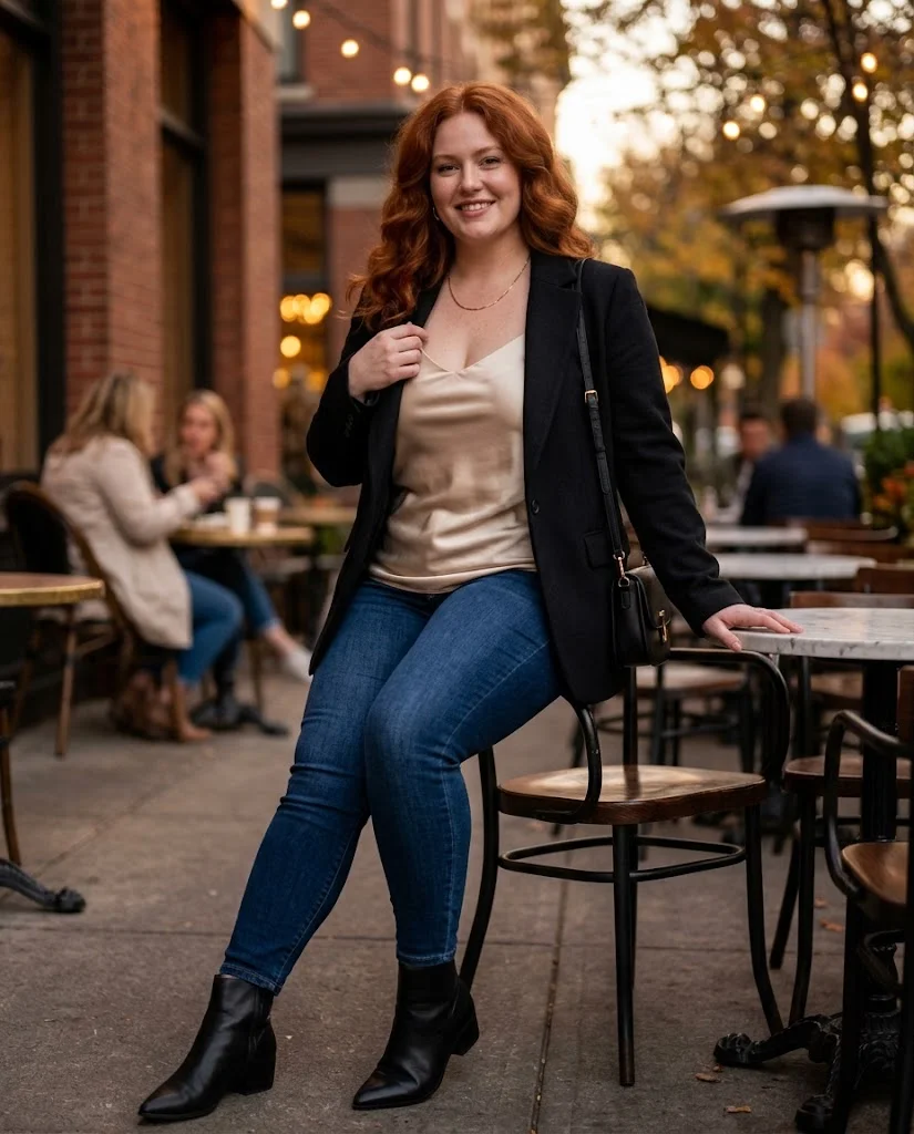 Dark Skinny Jeans With a Satin Cami and Blazer Plus Size Fall Date Night Outfit