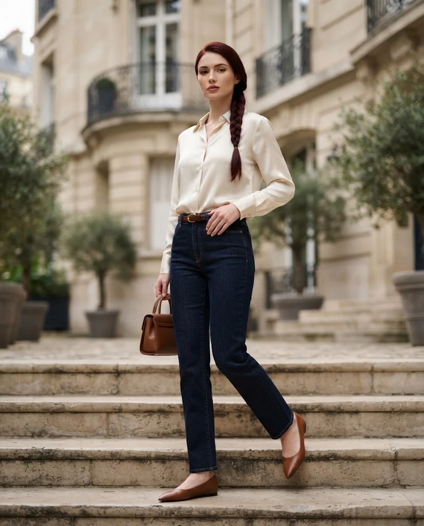 Old Money September Outfit Ideas for Women: 20+ Elegant Looks 5 Dark Straight-Leg Denim with a Silk Blouse, an elegant old money September outfit for women