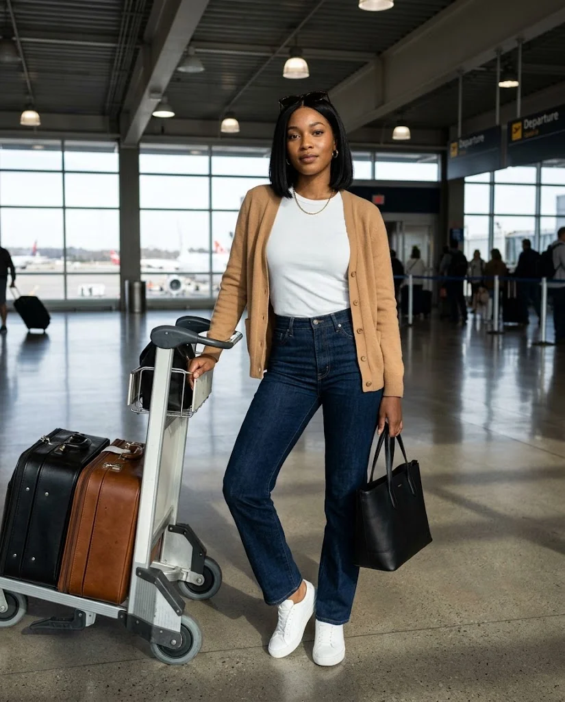 Old Money Airport Outfits: 20+ Chic Travel Looks for Women 3 women wearing Dark Straight-Leg Jeans With a Classic Cardigan