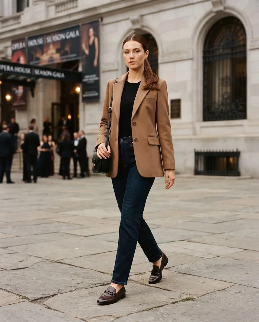 women wearing Dark Straight-Leg Jeans With a Tailored Blazer